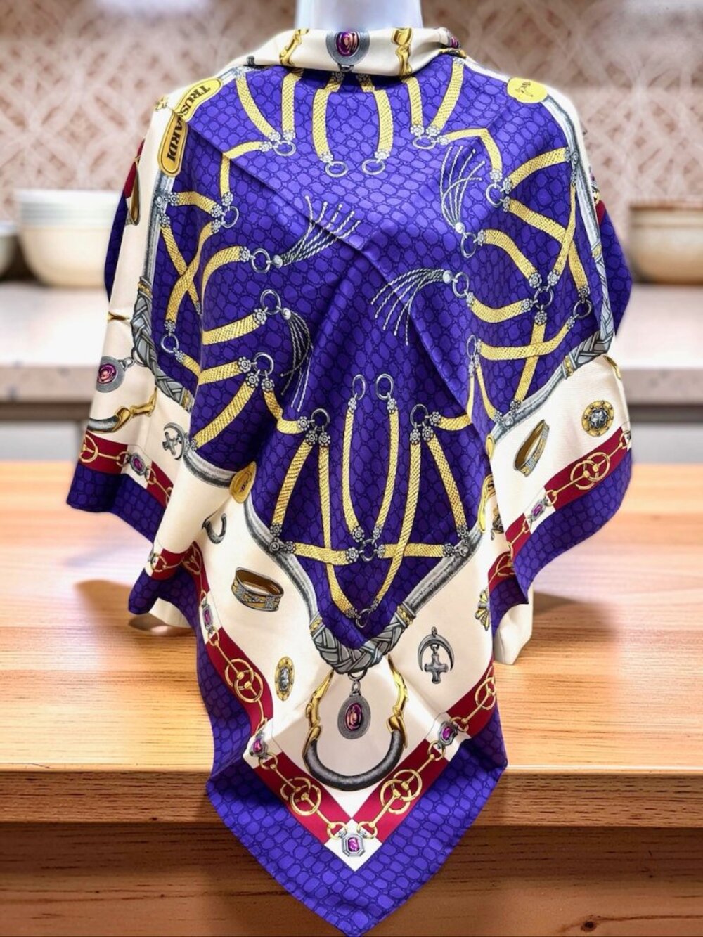 New- Beautiful Trussardi 100% silk Scarf satin 35" Purple Blue White Gold (17 - Picture 16 of 16